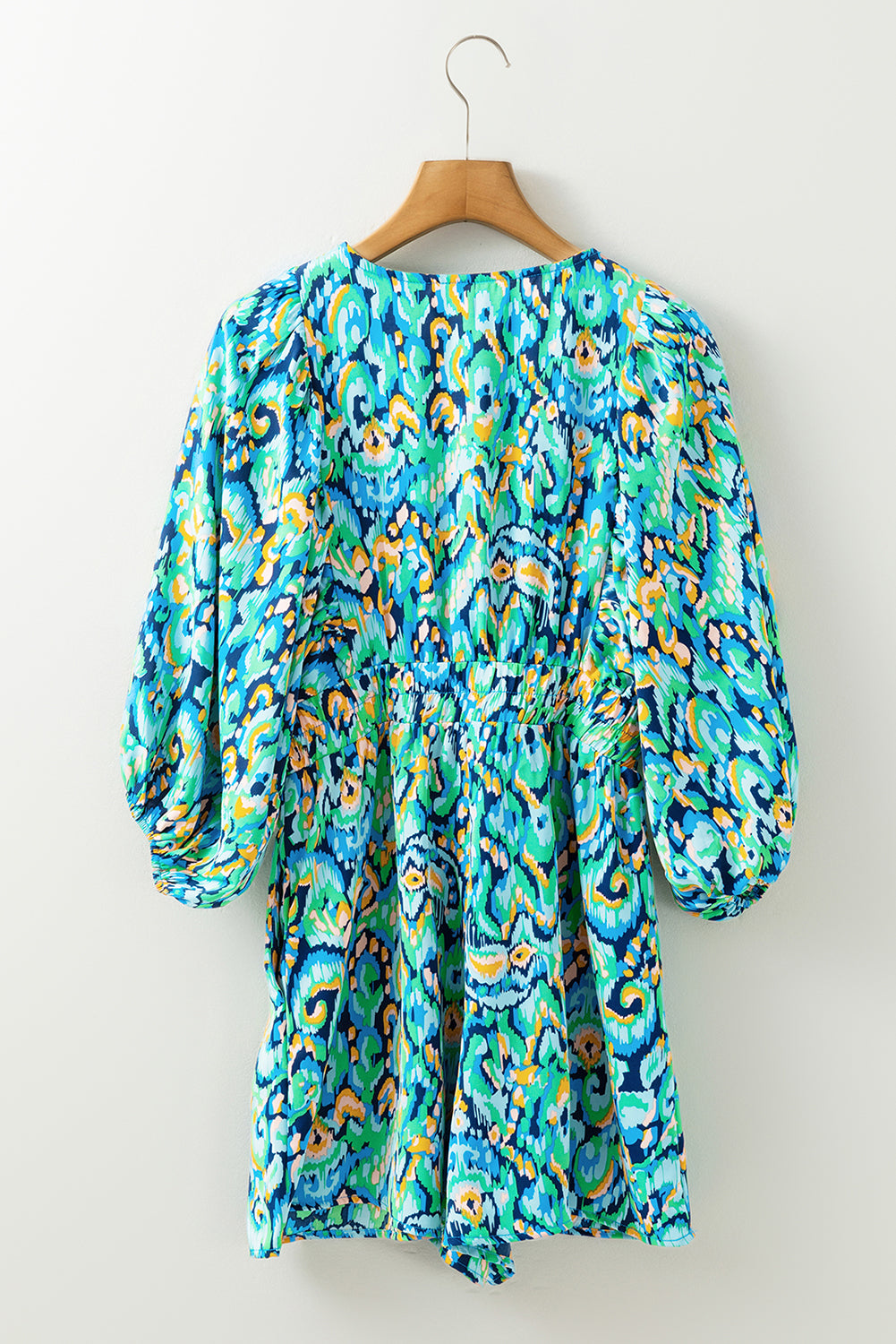 Pink Abstract Print Puff Sleeve V Neck High Waist Romper