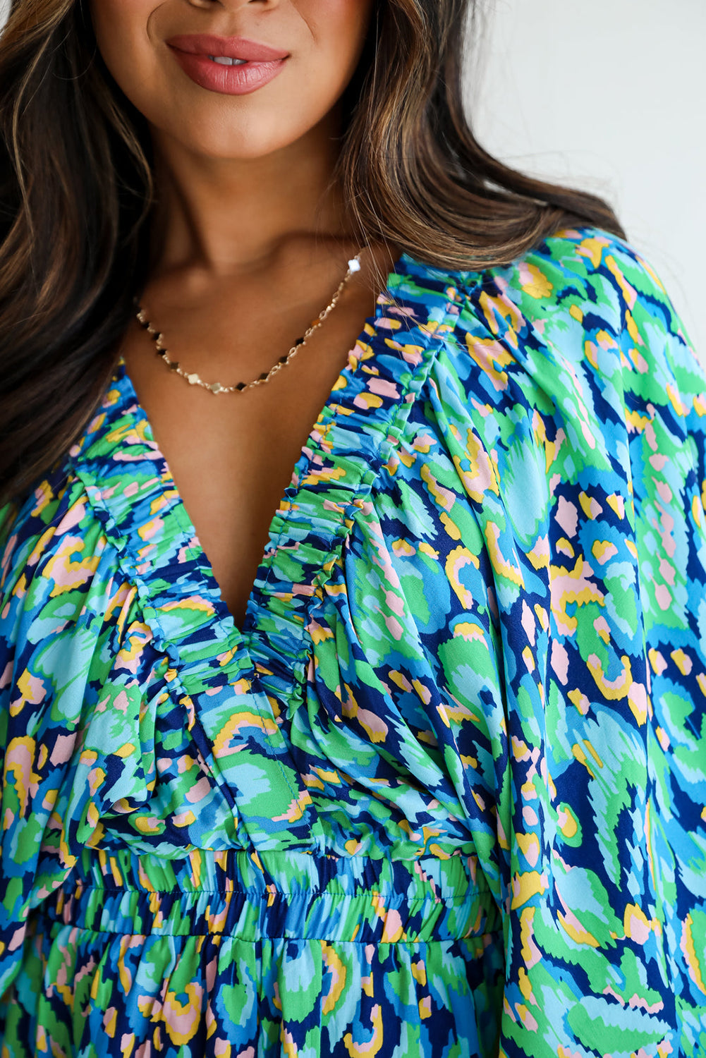 Pink Abstract Print Puff Sleeve V Neck High Waist Romper