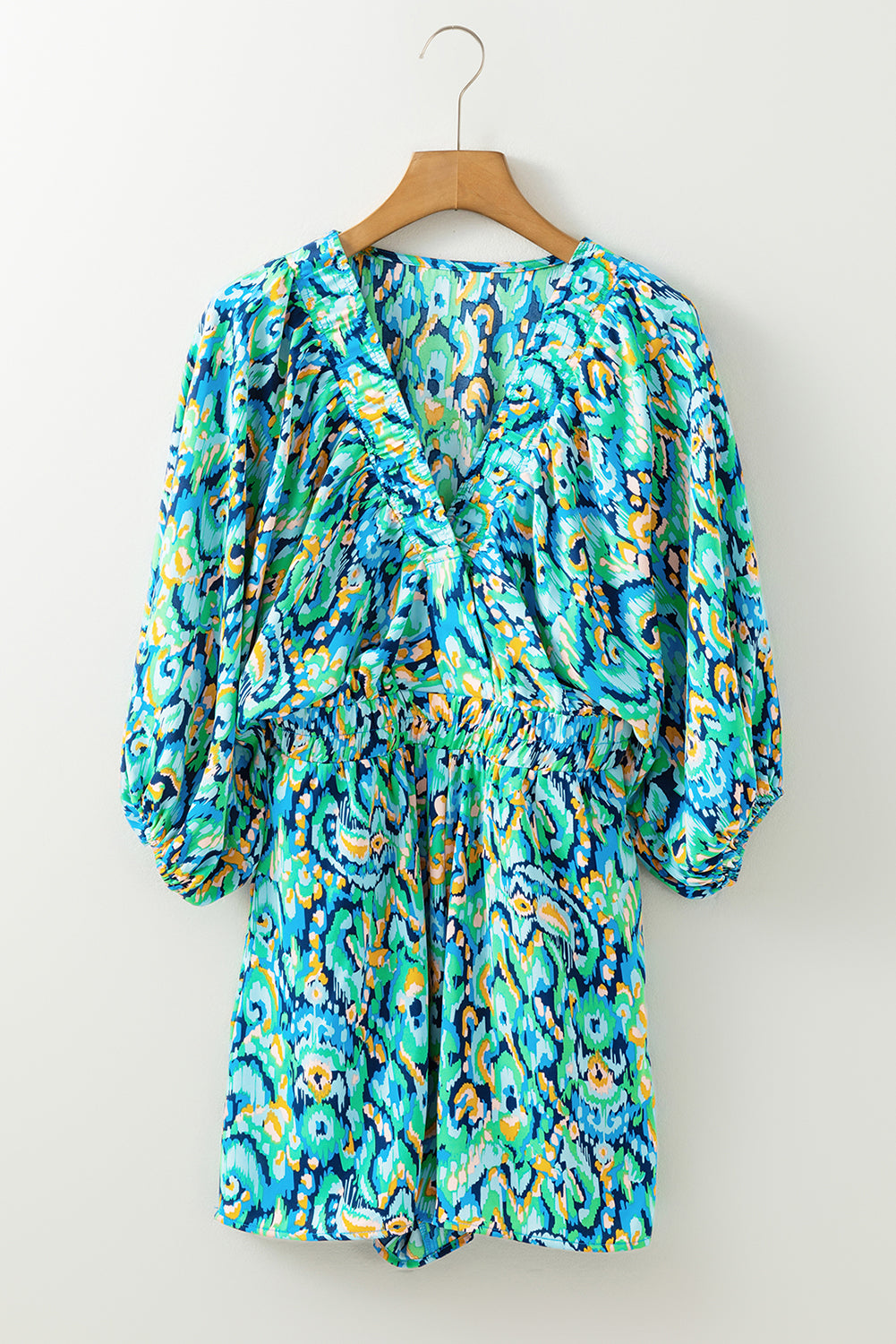 Pink Abstract Print Puff Sleeve V Neck High Waist Romper