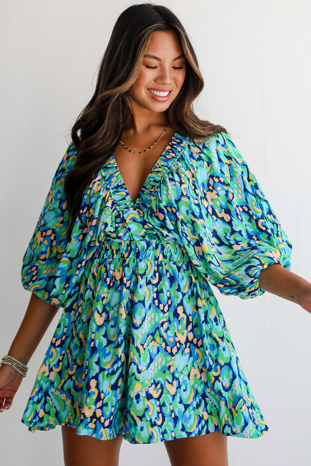 Pink Abstract Print Puff Sleeve V Neck High Waist Romper